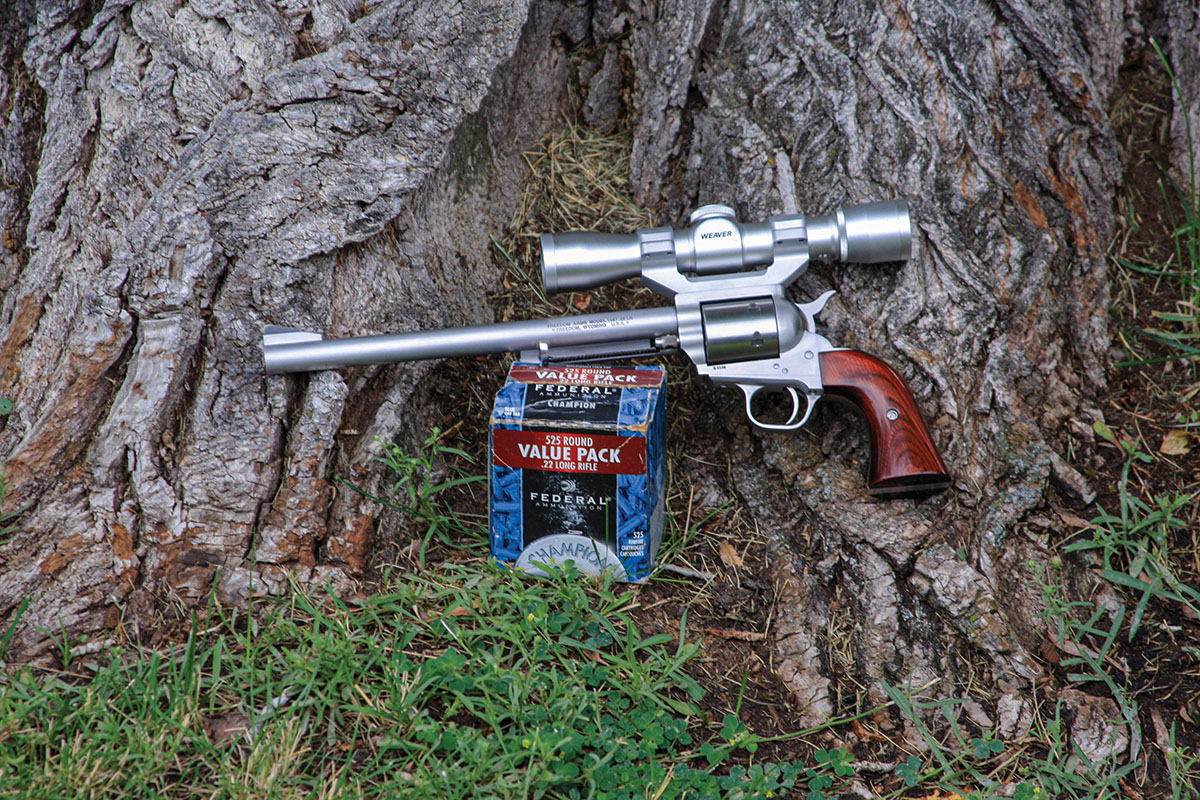 Freedom Arms Chief Executive Officer Bob Baker’s choice of rodent handguns is this 10-inch barreled Model 97 in 22LR topped with a Weaver pistol scope. Between the scope and Bob’s shooting skills, he scores at ranges well beyond normal for a 22LR handgun.